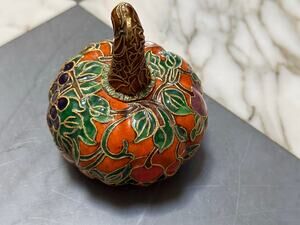 Vintage Cloisonné Pumpkin Bud Vase Fruit Harvest Motif Enamel Brass Vessel